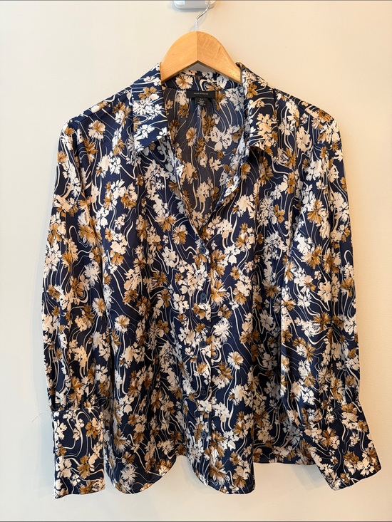 Halogen Tops - Halogen Navy Blue Floral Satin Top with Gold Accents Size 1X